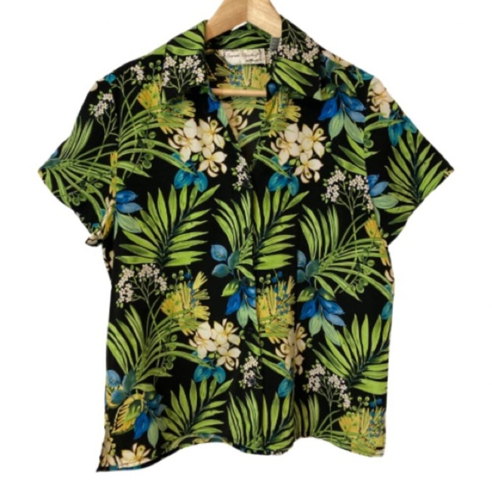 Vintage Sarah Bentley Tropical Plants Flowers Short Sleeve Button Up Blouse Top